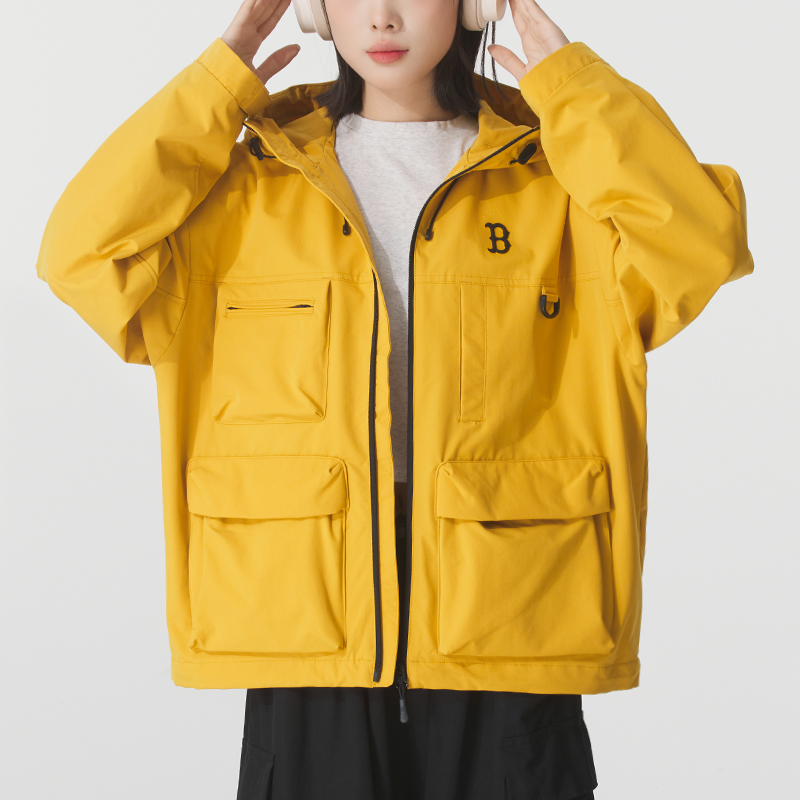 MLB官方 黄色梭织连帽夹克男女装2025冬季新款情侣运动服防风外套