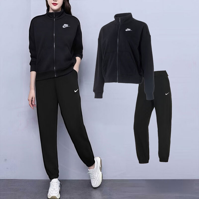 耐克女装运动套装25秋季新款保暖立领针织夹克外套收口长裤两件套