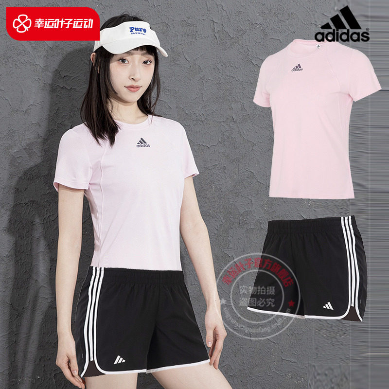 阿迪达斯运动套装女2025秋季新款粉色圆领短袖T恤透气短裤热裤潮