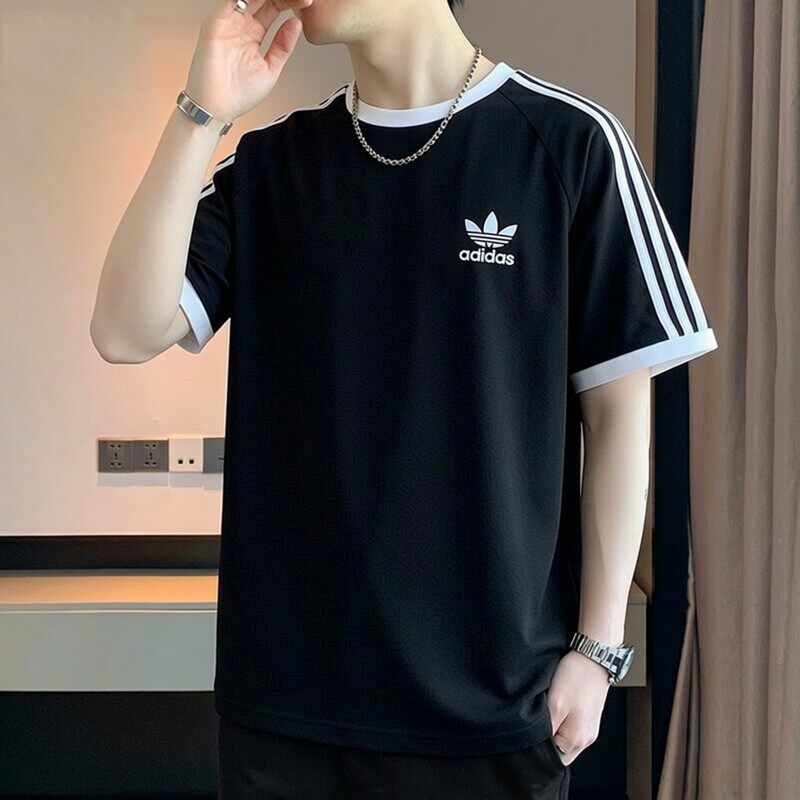 阿迪达斯三叶草圆领T恤男装三条纹休闲短袖男士运动服透气半袖潮