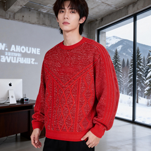 阿迪达斯三叶草红色毛衣男装26春季新款运动圆领套头针织衫KT0693