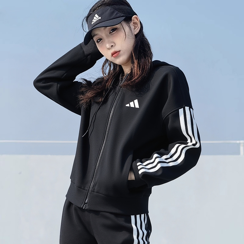adidas阿迪达斯针织连帽夹克女装2025新款时尚运动休闲外套JE0052