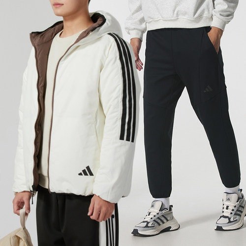 阿迪达斯运动套装男冬季新款两面穿羽绒服连帽外套加绒针织裤子潮