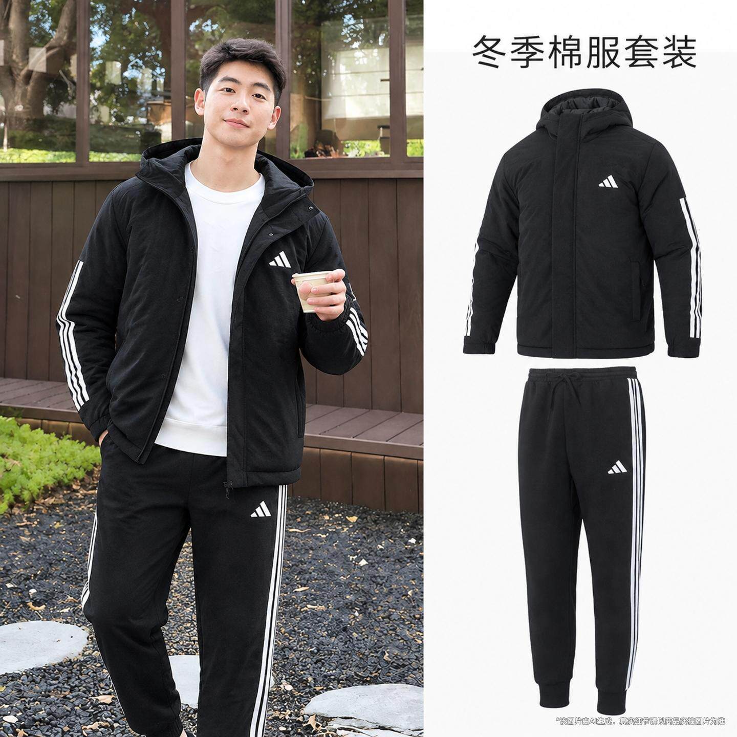 阿迪达斯正品男装棉服冬季新款保暖运动套装夹克棉衣加绒长裤外套