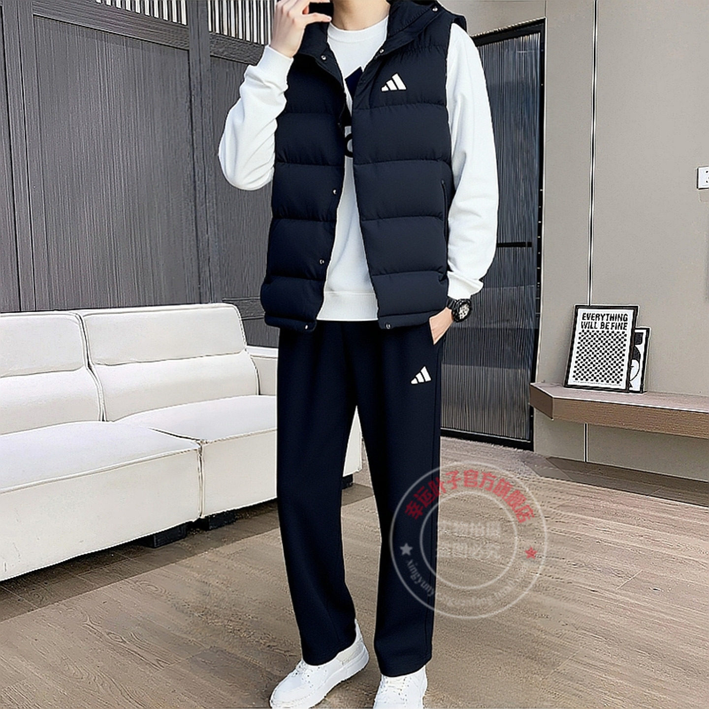 阿迪达斯运动套装男秋季新款连帽羽绒马甲针织透气长裤休闲两件套