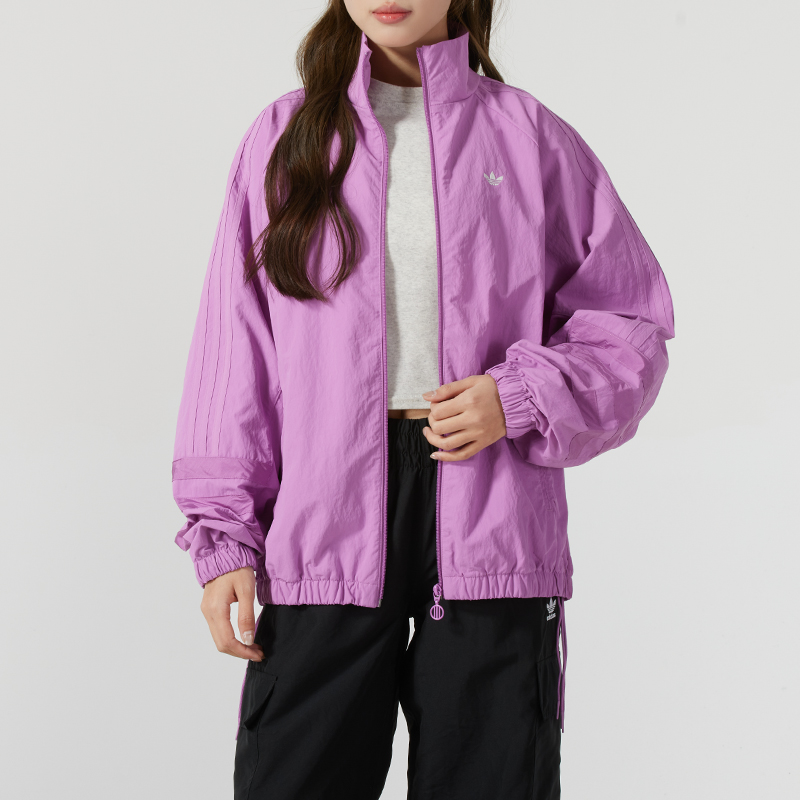 阿迪达斯三叶草外套女2025新款紫色宽松运动夹克休闲外套JD6387