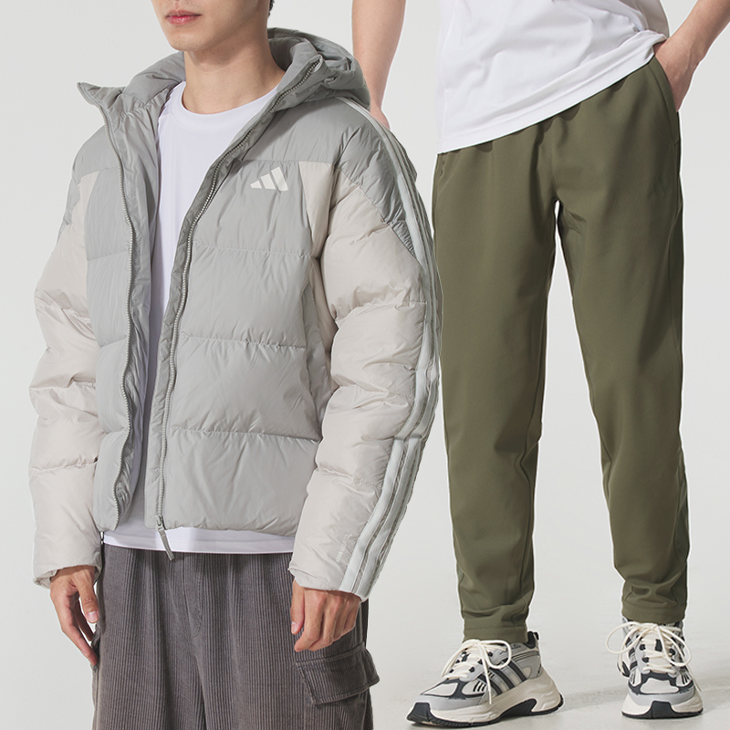 阿迪达斯官网旗舰运动套装男2025新款连帽羽绒服加绒梭织直筒长裤