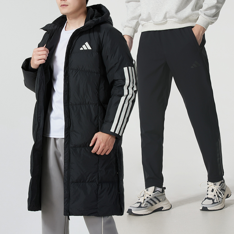 阿迪达斯运动套装男冬季新款户外连帽长款羽绒服加绒保暖梭织长裤