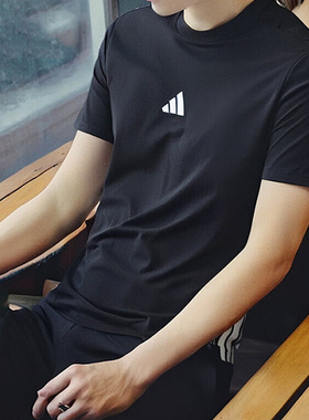 阿迪达斯黑色短袖男装夏季新款纯棉运动服宽松半袖T恤JY8564