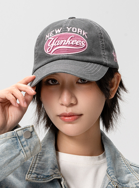 MLB官方 男帽女帽休闲帽子情侣学院风水洗椭圆标鸭舌帽3ACPV165N