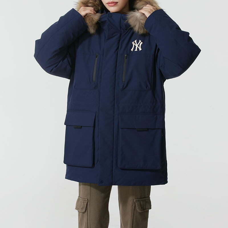 MLB张康乐同款藏青色工装羽绒服男女25新款大毛领外套宽松派克服