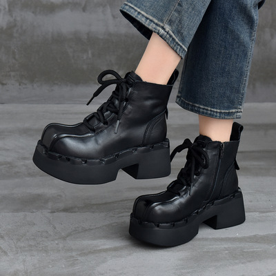 雅美真皮马丁靴女小个子厚底增高