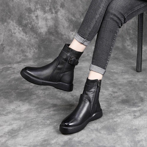 纯皮黑色马丁靴女真皮软底短靴子