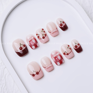 樱桃 纯手工穿戴甲手绘法式 立体捏捏樱桃可爱日常显白短甲 法式