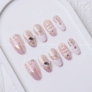 纯手工穿戴甲粉色法式 圣诞树猫眼少女心可爱显白美甲 韩系少女