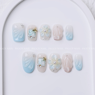 纯手工穿戴甲蓝色雕花春夏新款 小清新显白美甲 海风絮语