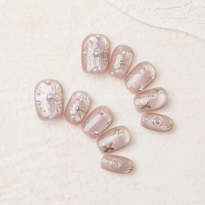 【密境】纯手工穿戴甲裸粉手绘花花猫眼日常气质百搭显白短甲