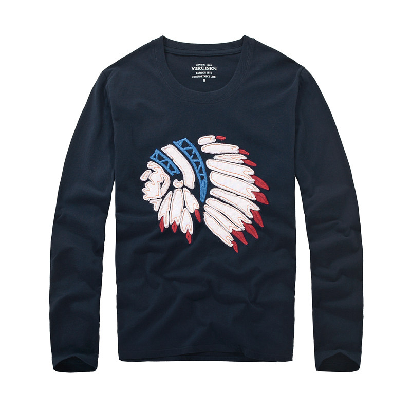 欧美风潮品男装时尚运动酋长人贴布绣花印第安人头宽松长袖t恤