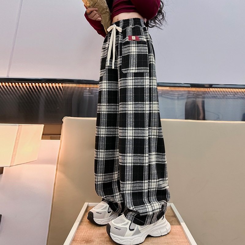 左西正2026春秋季新款儿童时尚潮范格子直筒阔腿裤中大女童宽松休