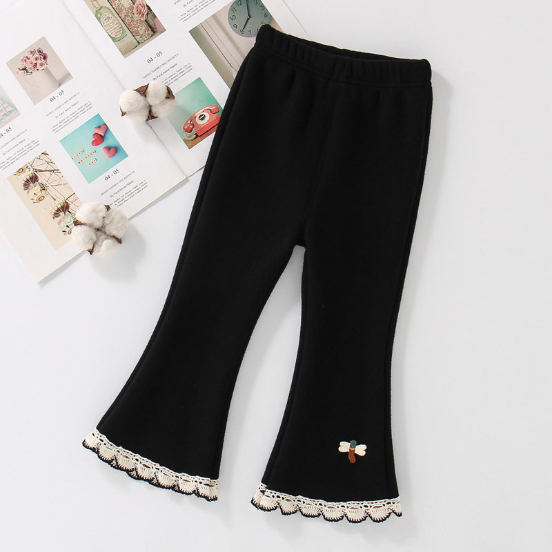 左西正A类纯棉女童喇叭裤春装时髦洋气蜻蜓蕾丝休闲儿童打底裤工
