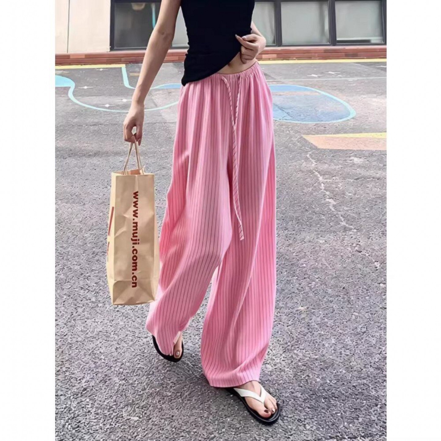 条纹棉麻阔腿裤女夏季薄款休闲遛弯裤宽松学生冰丝凉凉防晒山本裤