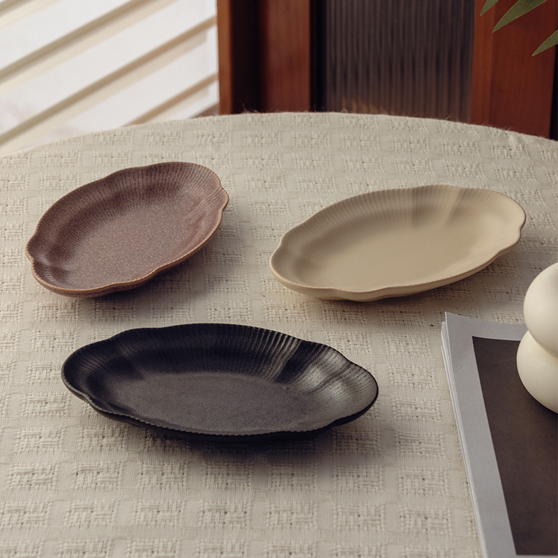 莳绘金缮纯色手工粗陶条纹小碟高档餐厅酒店创意精致小菜碟小吃碟