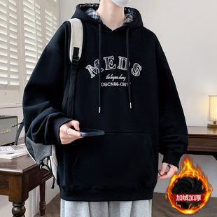 加绒加厚连帽卫衣男士秋冬季潮牌刺绣重磅宽松上衣青少年休闲外套