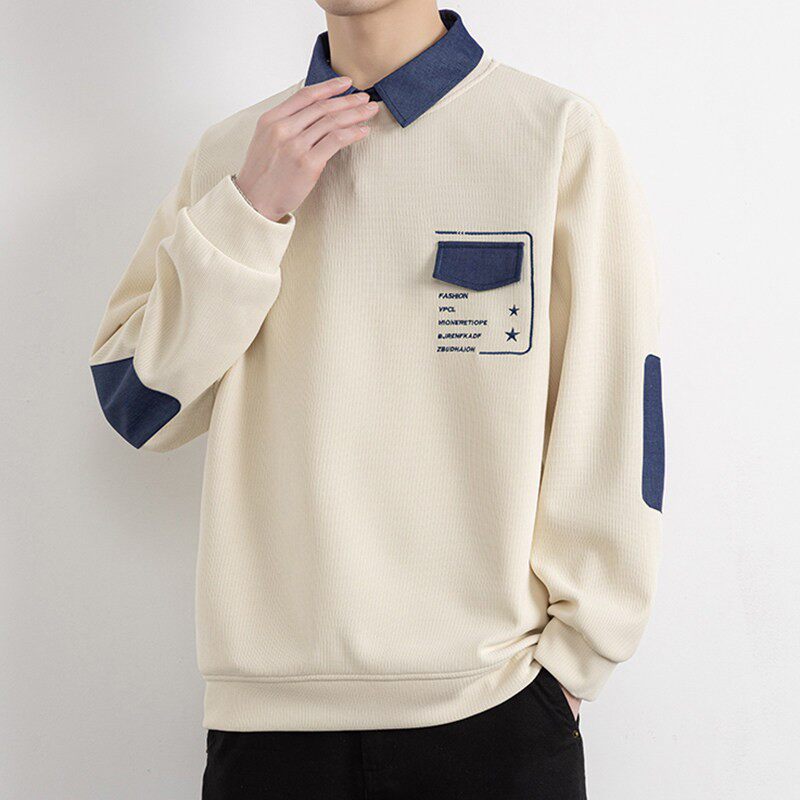 男士卫衣春秋季假两件2026新款潮牌长袖t恤上衣青少年polo衬衫领