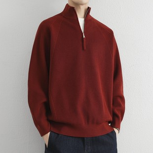 半拉链高领毛衣男款冬季保暖安哥拉红色本命年加绒厚针织衫高级感