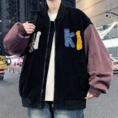 立领牛仔外套男春秋款 卡通猫咪贴布绣夹克男青少年宽松休闲棒球服