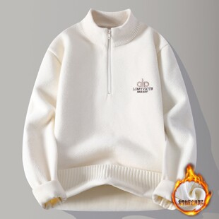 一体绒半高领拉链毛衣男2025秋冬季加绒加厚保温衣内搭打底针织衫