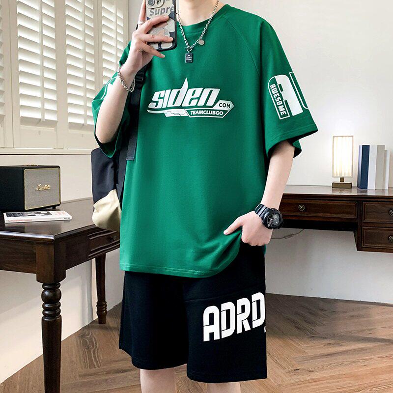 夏季青少年短袖t恤男潮流高中初中学生帅气潮牌运动套装纯棉衣服