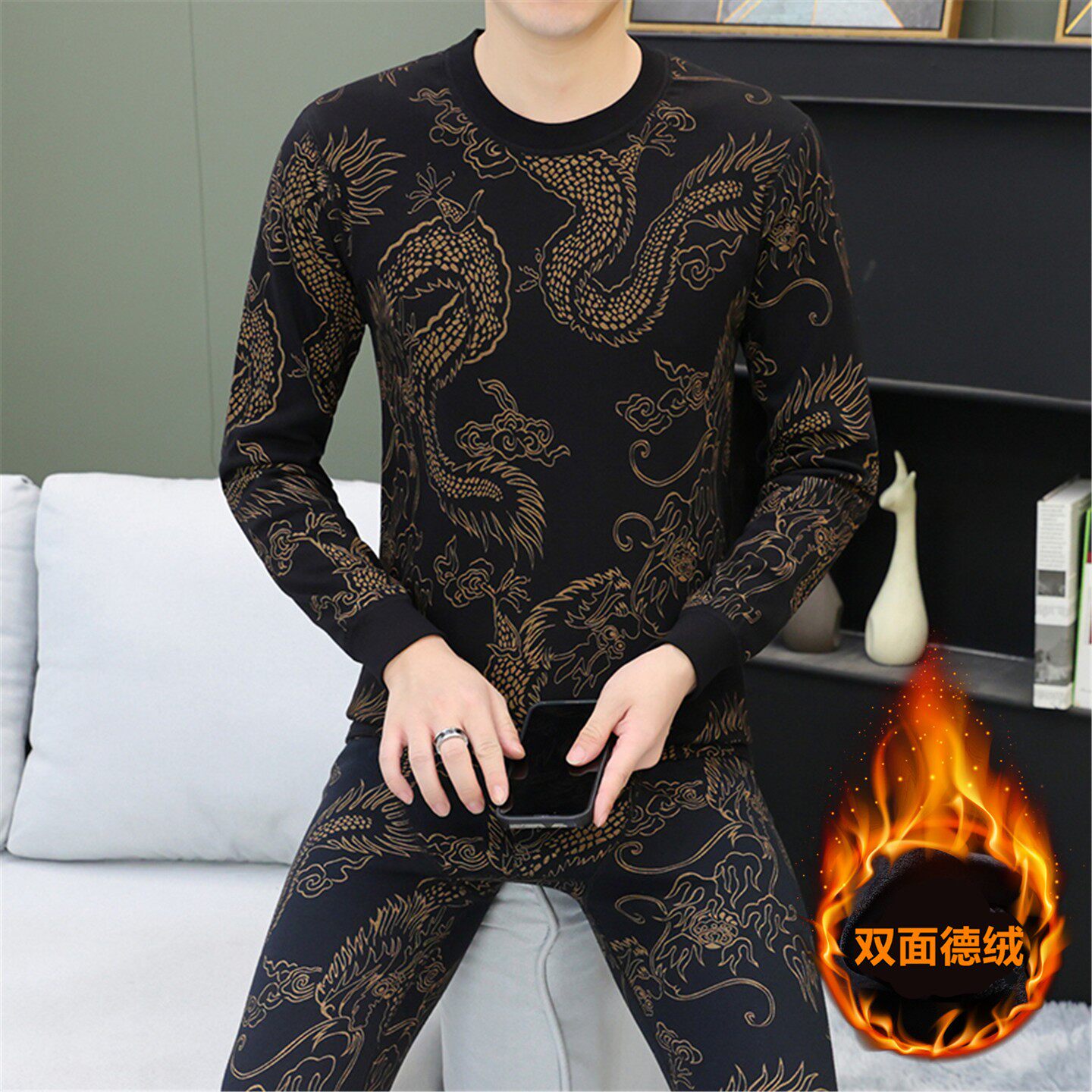 【高档纯棉套装】2025秋冬新款男士保暖内衣加绒加厚国风秋衣裤子