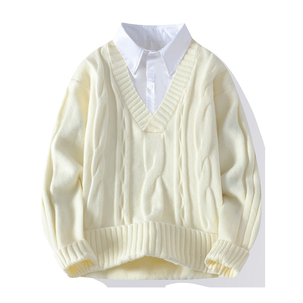 白色衬衫领毛衣男秋冬款潮牌假两件针织衫男高级感宽松毛线衣外套