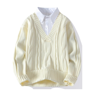 白色衬衫领毛衣男秋冬款潮牌假两件针织衫男高级感宽松毛线衣外套