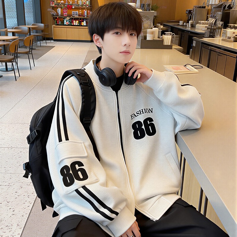 早春季青少年华棉棒球服外套帅气男生学院风拉链夹克趣味印花上衣