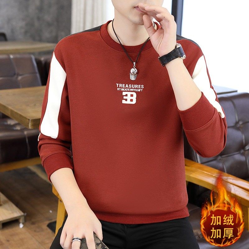 新款加绒加厚卫衣男秋冬季圆领长袖t恤内搭打底衫印花外穿上衣潮