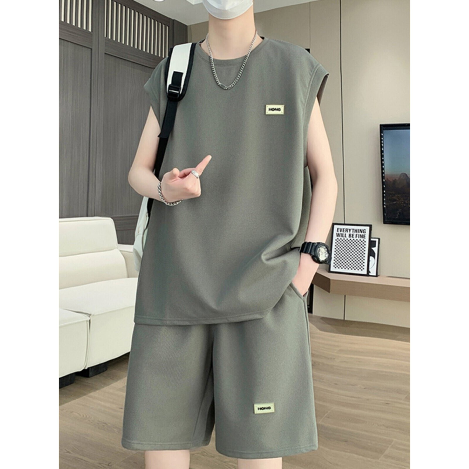 休闲背心套装男冰丝速干无袖t恤男士夏季华夫格跑步运动短袖短裤