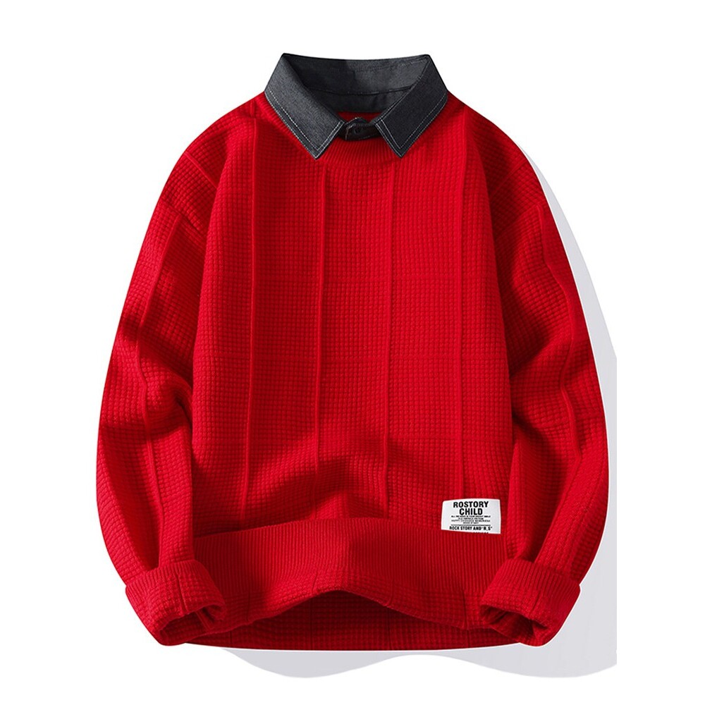 红色假两件毛衣男冬季加厚衬衫领针织衫龙年本命年内搭青少年线衣