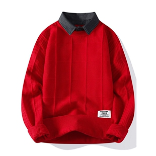 红色假两件毛衣男冬季加厚衬衫领针织衫龙年本命年内搭青少年线衣