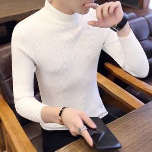 秋冬季毛衣男长袖半高领男士纯色打底衫潮流白色针织衫韩版上衣服