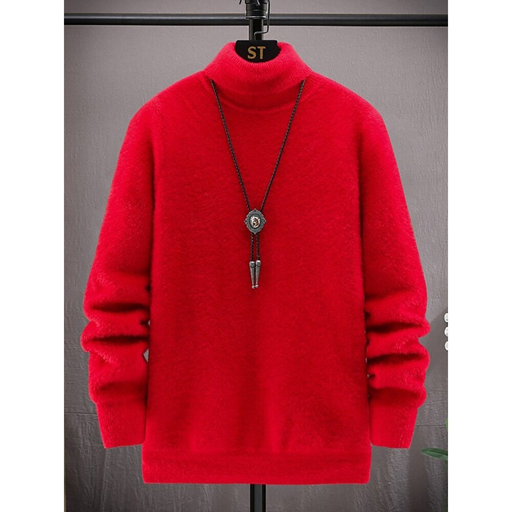 水貂绒毛衣男士秋冬季加绒加厚本命年红色高领打底衫男潮牌针织衫