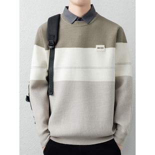 假两件毛衣男士高级感秋冬季撞色毛线衣男款衬衫领加绒加厚针织衫