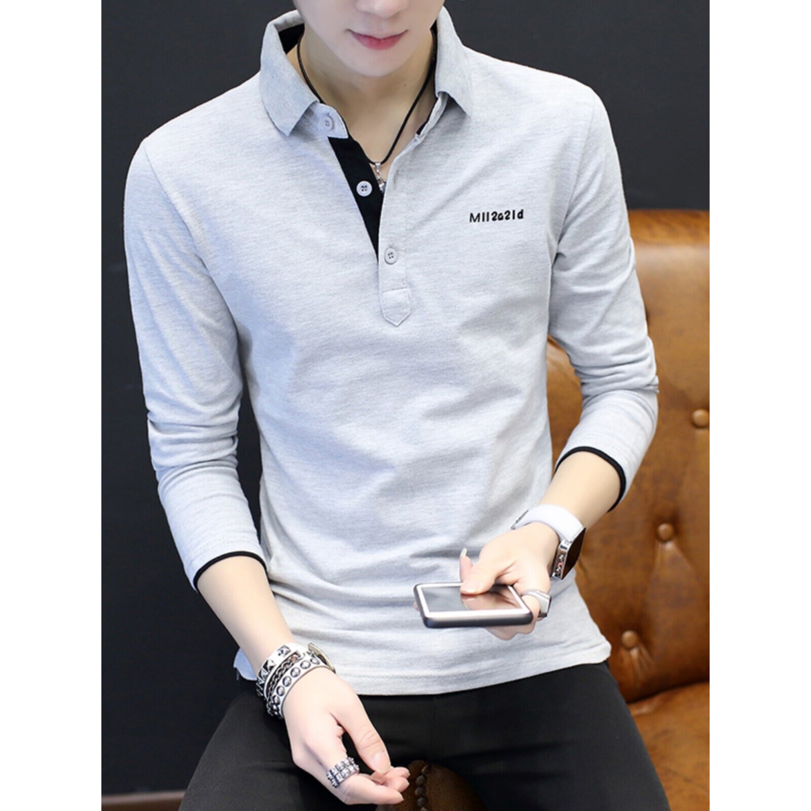 纯棉polo衫男士翻领长袖t恤春秋季新款修身衬衫带领男装上衣服潮