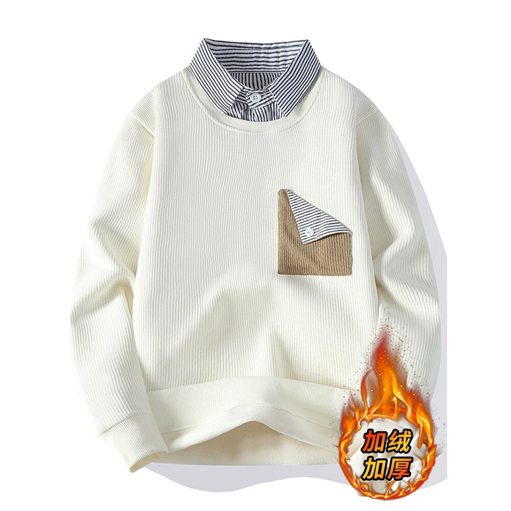 假两件毛衣男秋冬季加绒加厚衬衫领针织衫休闲帅气内搭毛线衣外套