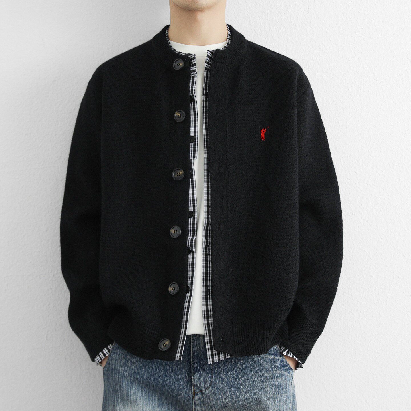 时尚拼接假两件毛衣男2026秋季新款休闲百搭开衫上衣青年针织外套