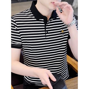 条纹衬衫男士短袖polo衫纯棉修身冰丝t恤夏季潮牌ins长袖衬衣潮流