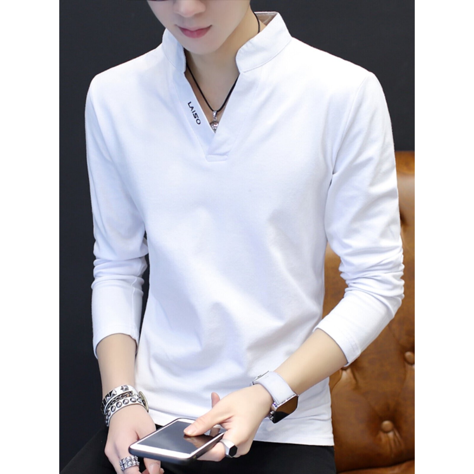 长袖T恤V领男士春秋装新款2026年立领纯棉POLO衫男带领修身体桖衫