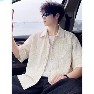 冰丝凉感感痞帅外套短袖宽松衬衣夏季上衣高级青少年男款衬衫潮牌