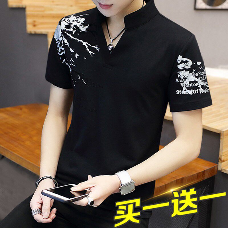 男士短袖T恤印花潮牌立领polo衫2026新款纯棉修身V领网眼体恤衣服
